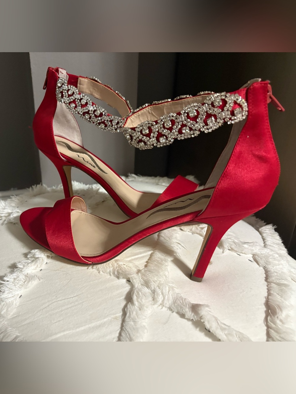 Nina Red Satin Heels with Crystal Embellished Ankle Strap